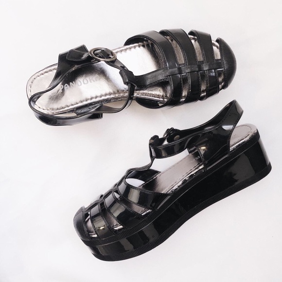 Pandora Shoes - Black Platform jelly shoes // caged fisherman sandals